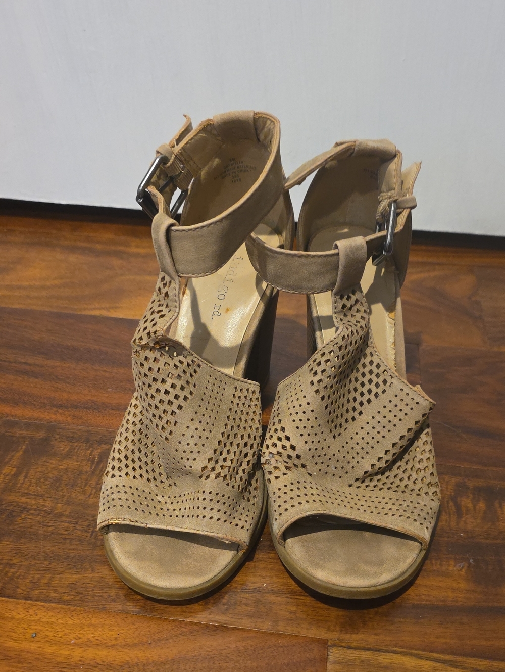 Indigo Tan Perforated Wedge Sandals with Ankle Strap